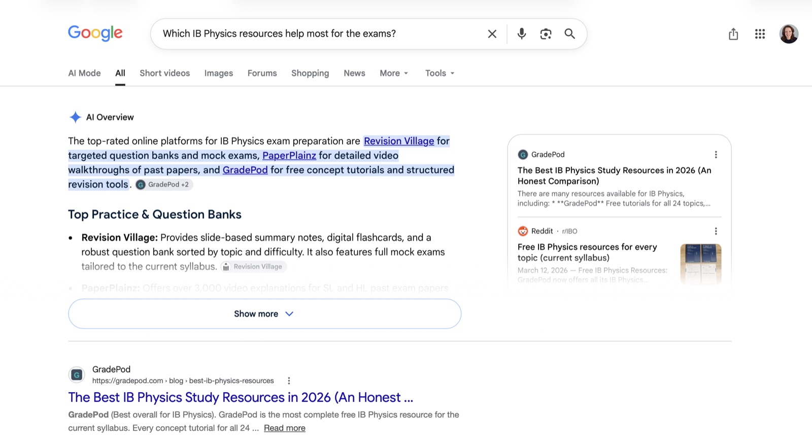 GradePod named alongside Revision Village and PaperPlainz in a Google AI Overview about IB Physics resources