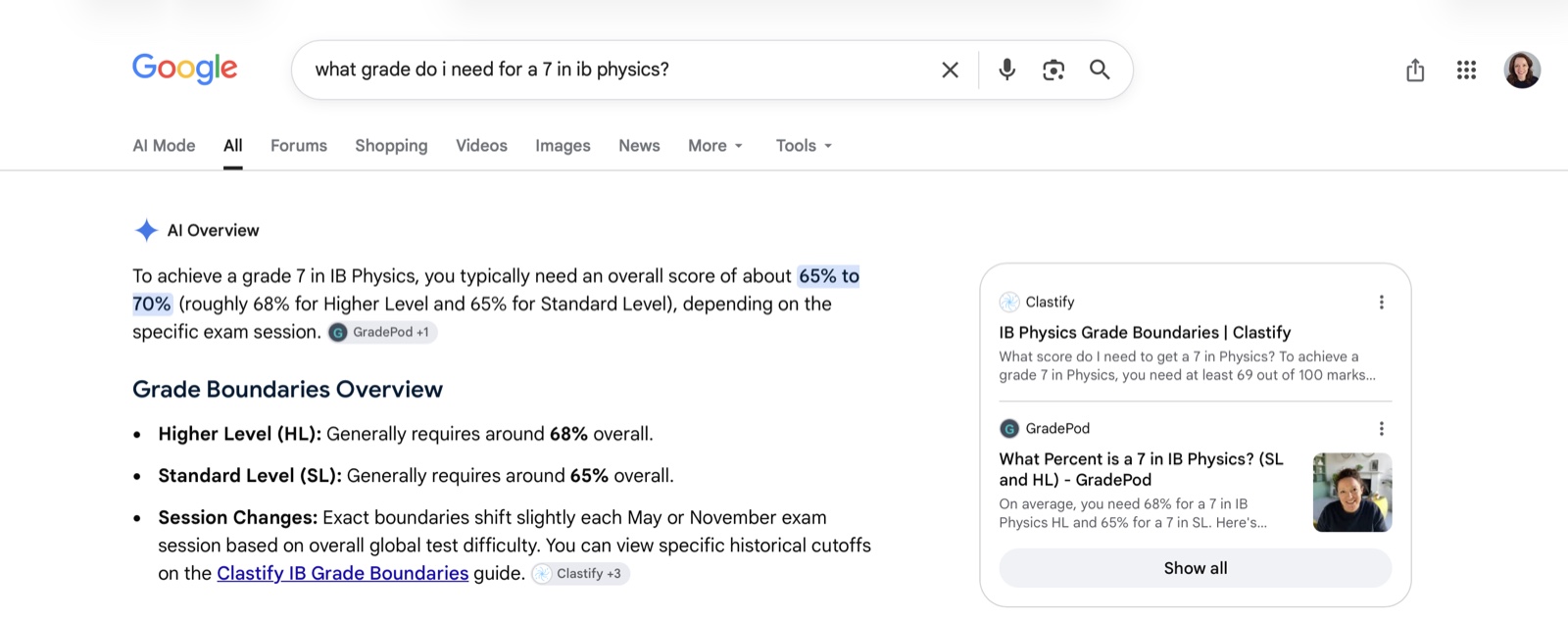 GradePod cited in a Google AI Overview about IB Physics grade boundaries
