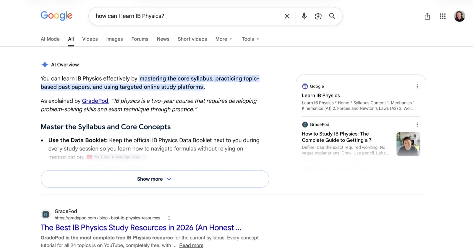 GradePod quoted directly in a Google AI Overview about how to learn IB Physics