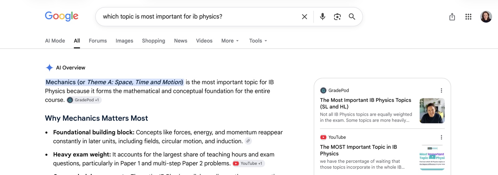 GradePod cited in a Google AI Overview answering which IB Physics topic matters most