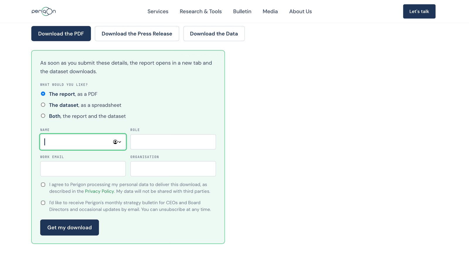 The download form: one set of fields, a radio button for report, dataset or both, and two separate consent tick boxes