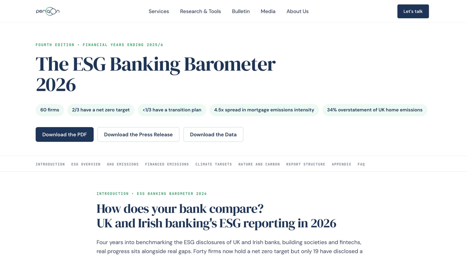 The Banking Barometer 2026 landing page: the headline findings as stat pills, and three download buttons