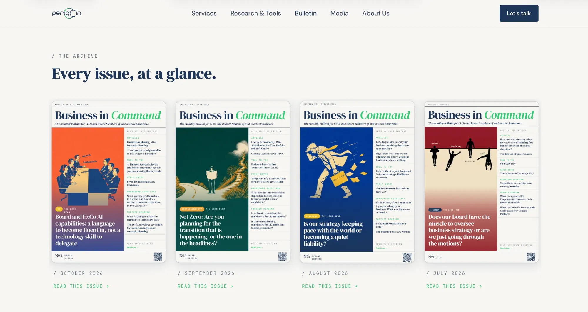 The Business in Command archive: four covers side by side, October back to July, each with a long read on the left and the rest of the issue listed down the right