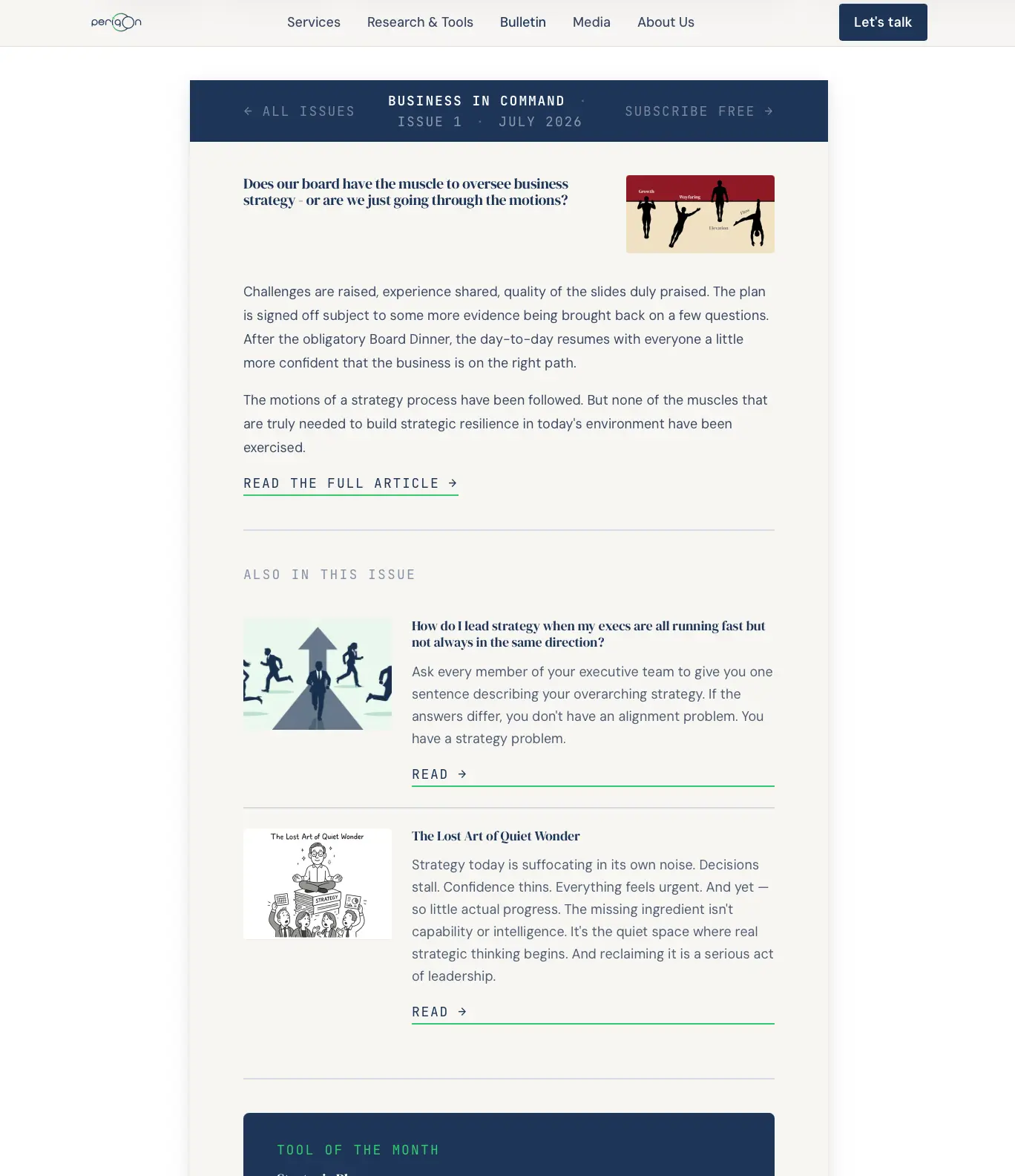 Issue 1 on the web: the long read at the top, two further articles below it, and the tool of the month underneath