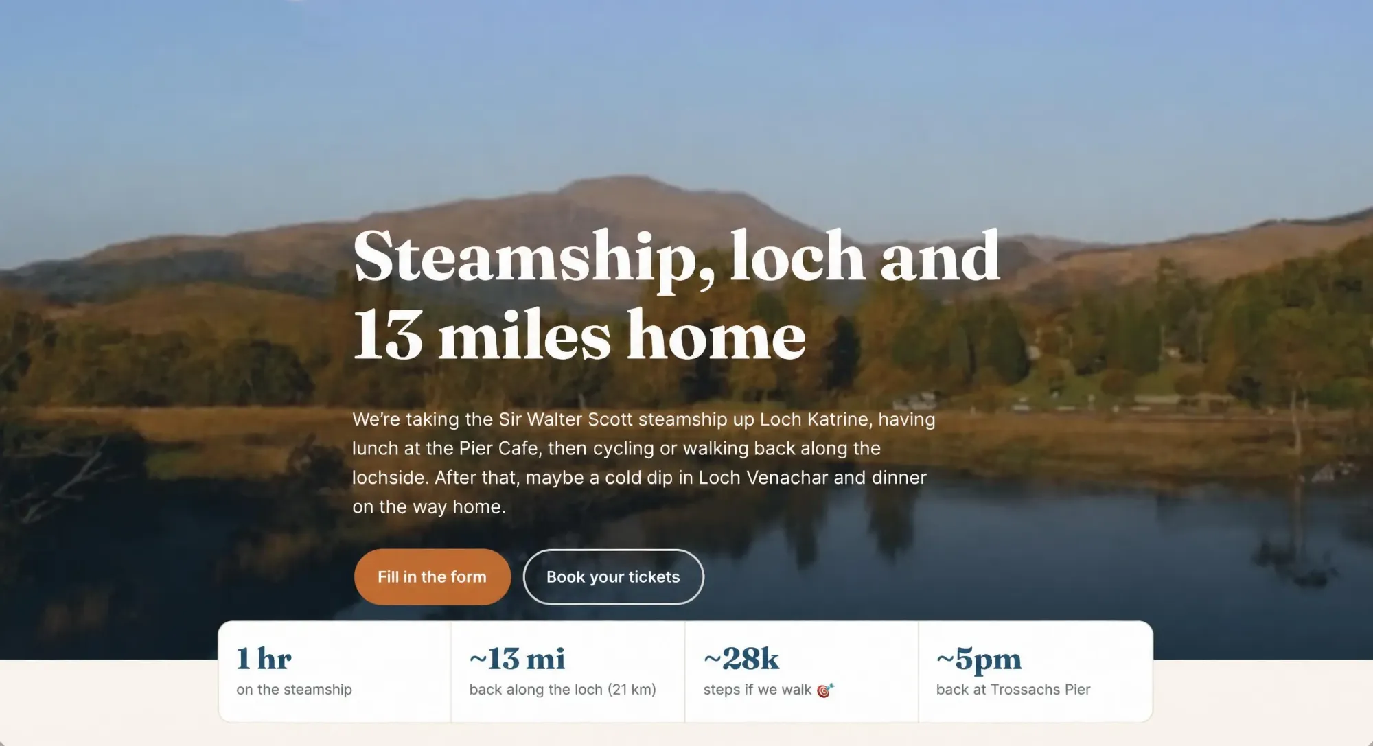 The itinerary page: what the day is, what it costs you in miles, and two buttons.