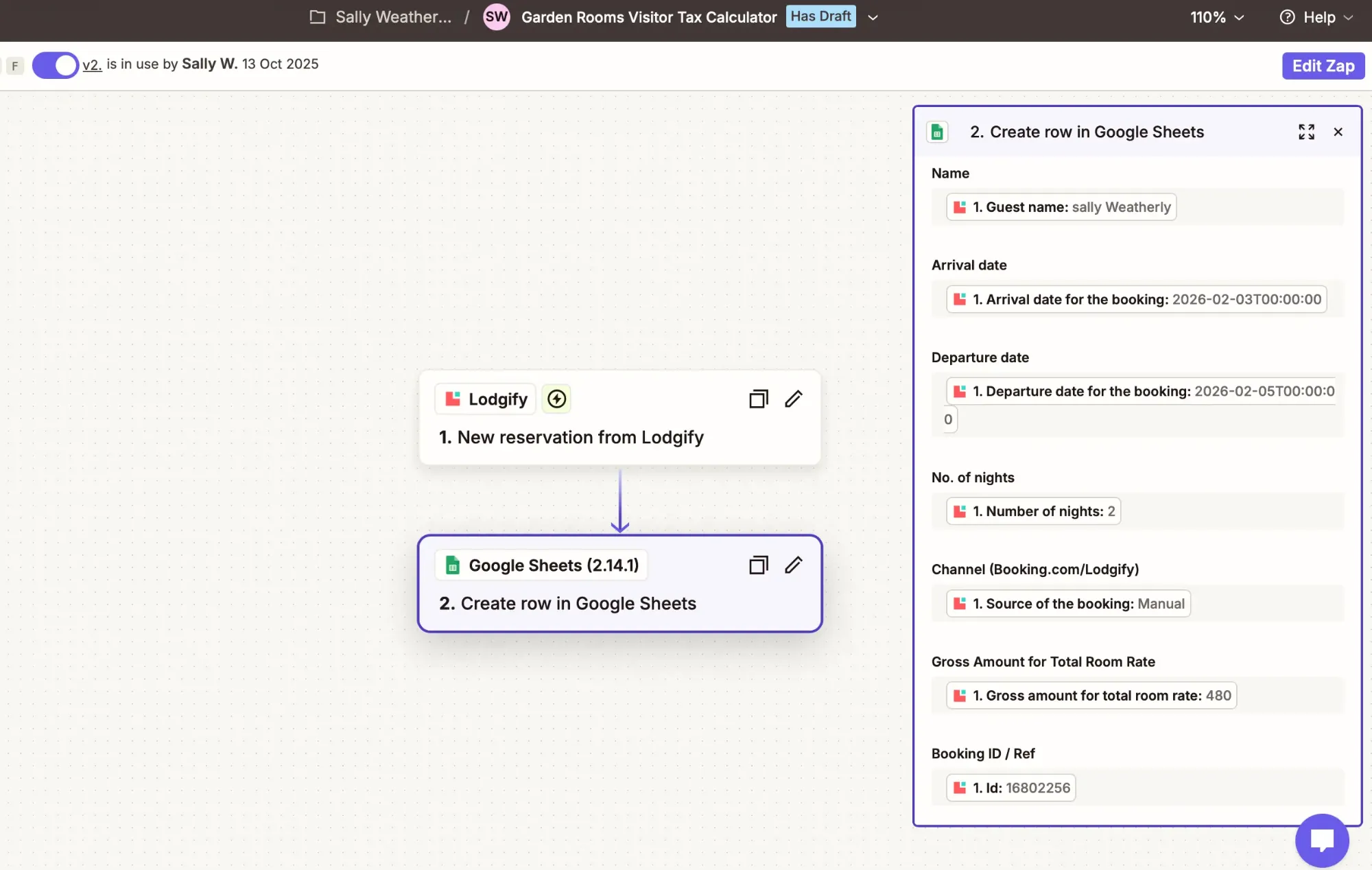 The live Zap. A new reservation in Lodgify becomes a new row in Google Sheets, one field per column, with the booking ID at the end.